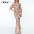 Sequin Rose Gold Flutter Sleeve Tight Red Carpet Modern Evening Dress Gown